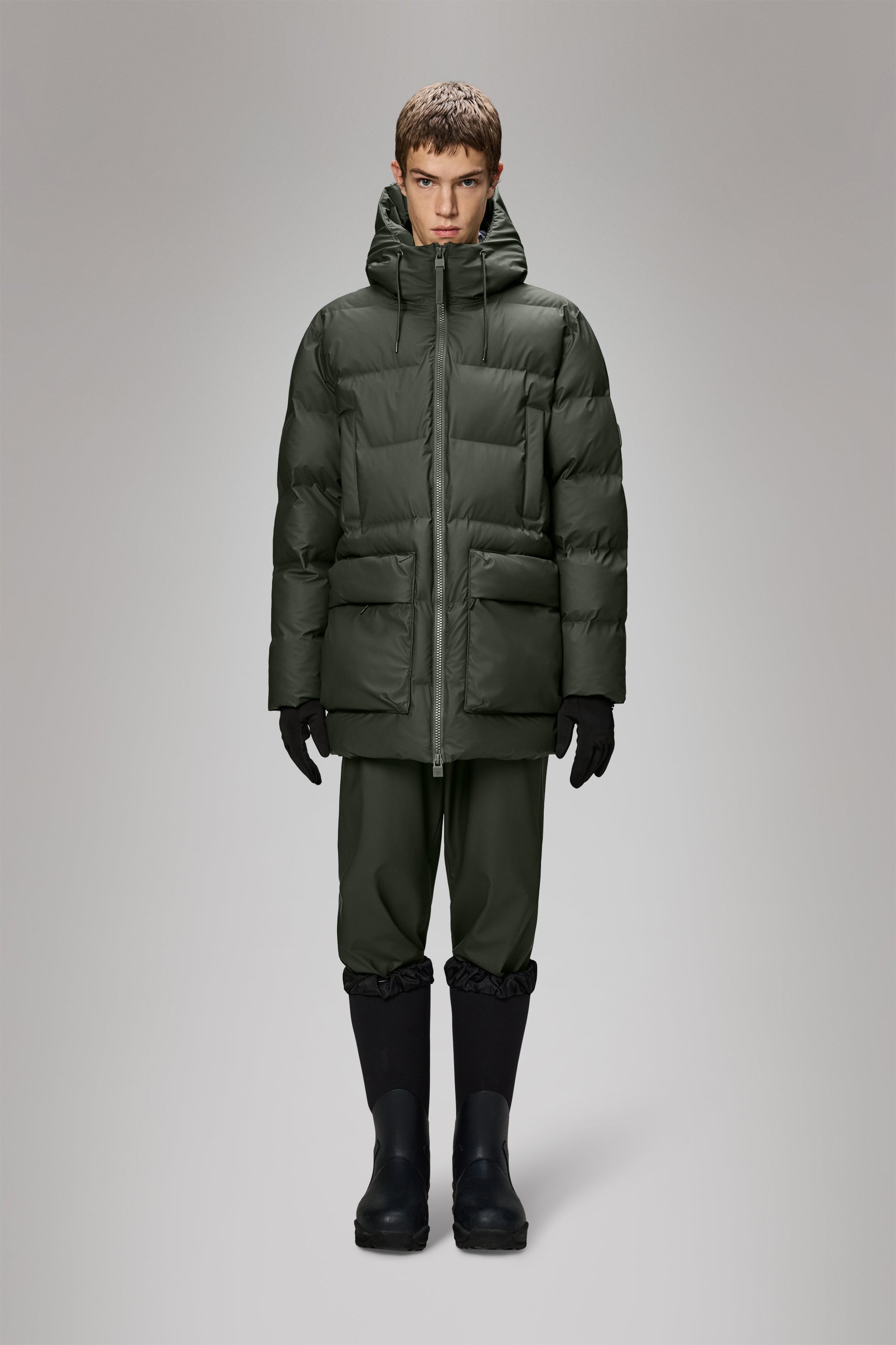 RAINS Alta Long Puffer Cargo Jacket Green Jacket